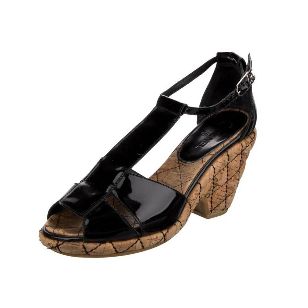 CHANEL Patent Leather T-Strap Quilted Cork Platform Block Heel Sandal Size US 6 - Picture 2 of 14
